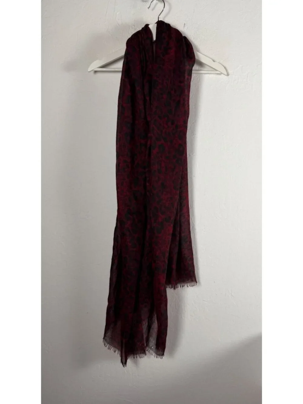 Tchibo TCM Red Leopard Print Scarf Fringe Trim Lightweight 76x33